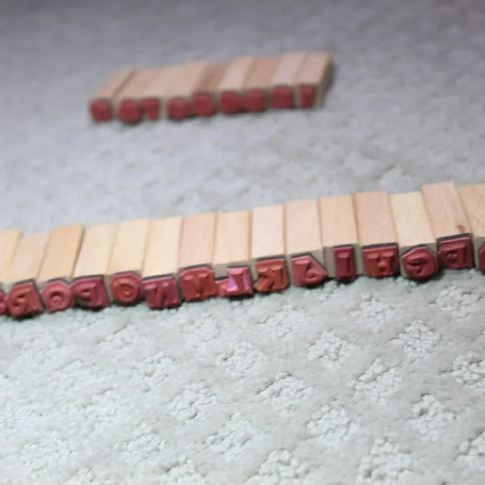 Lot of 34 Preowned Wood Mounted Alphabet & Number Stamps - Missing Letter 